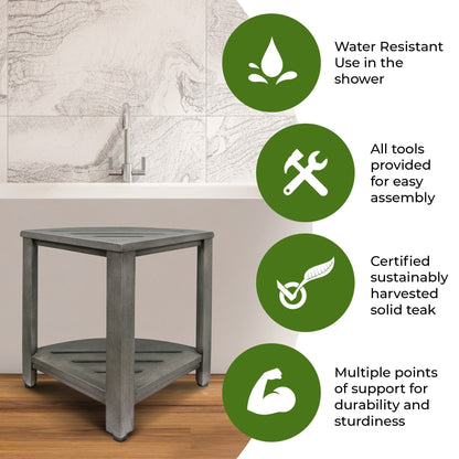 CoastalVogue, Étagère de douche d'angle en teck, Tabouret de douche pour se raser les jambes, Repose-pieds de douche, Tabouret de douche en teck, Tabouret de douche d'angle