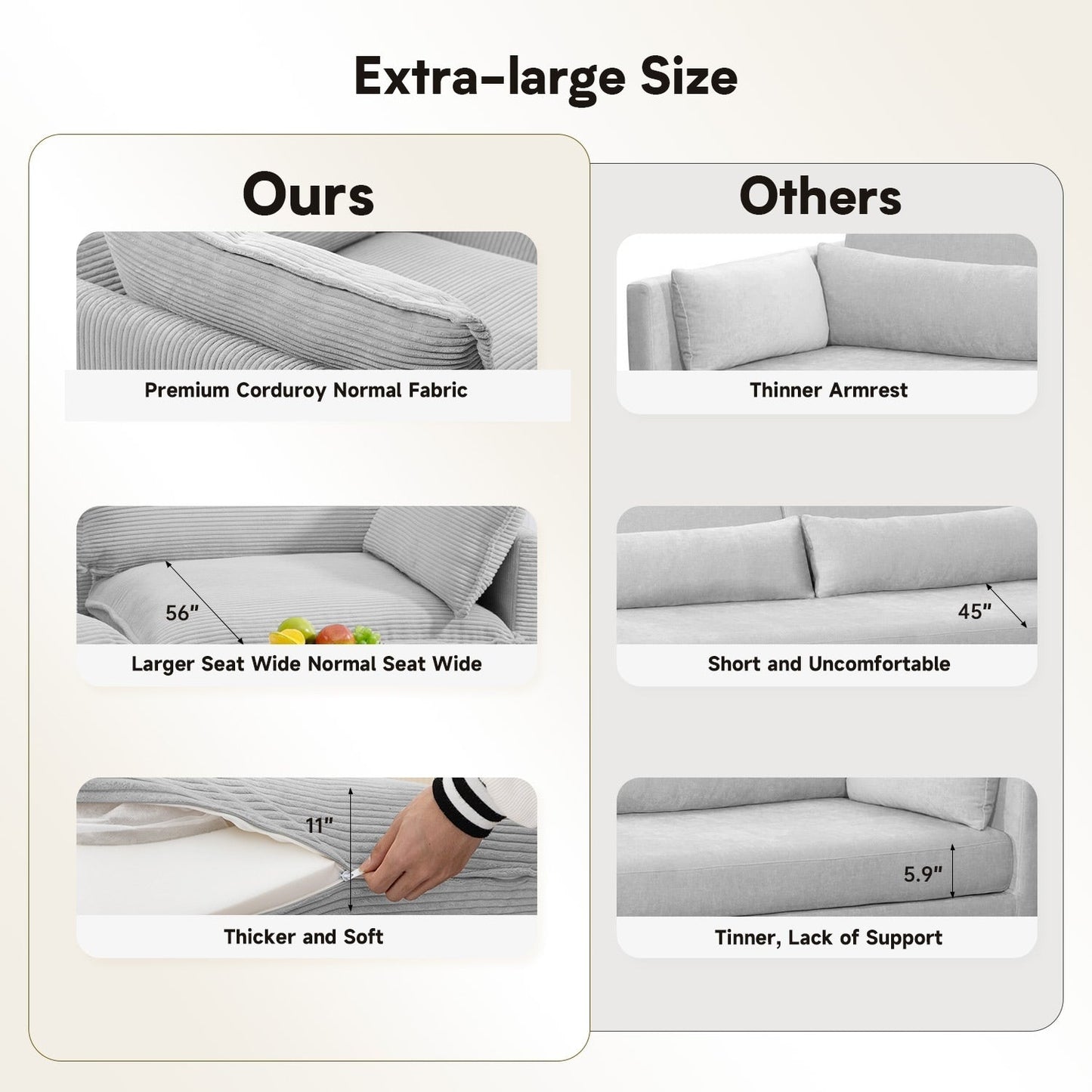 Canapé sectionnel en velours côtelé avec poufs amovibles et coussins ultra-doux pour salon et chambre