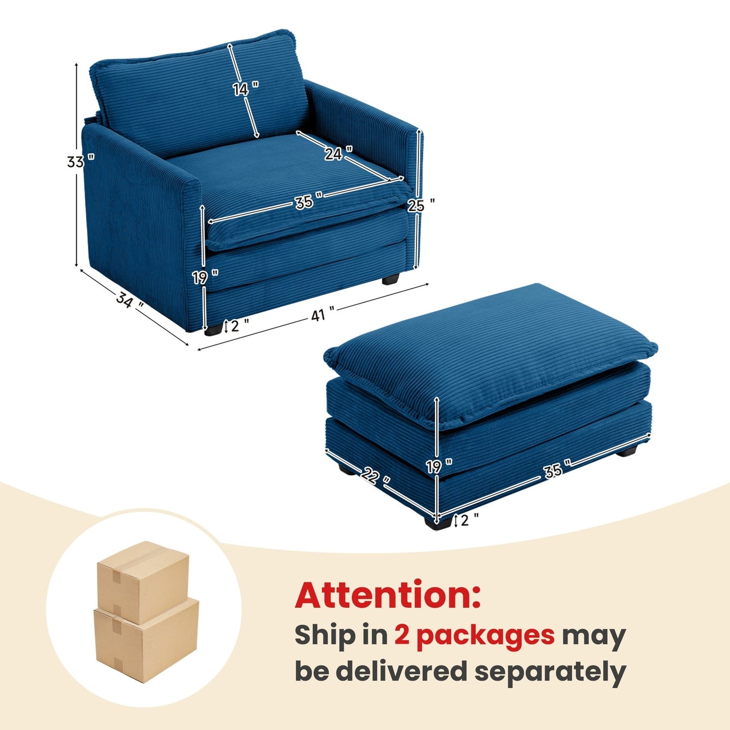 Canapé sectionnel en velours côtelé avec poufs amovibles et coussins ultra-doux pour salon et chambre