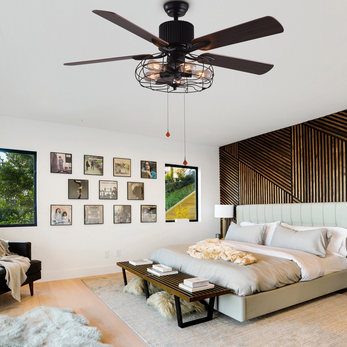 Ventilateur de plafond industriel CurveCurio Farmhouse noir à 5 lumières avec éclairage, télécommande et chaîne de traction 42-48-52 pouces