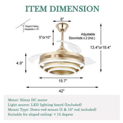 Ventilateur de plafond rétractable Cusp Barn 42 avec lumières et télécommande DIY Forme Fandelier Moderne Silencieux Moteur CC Plafonnier LED