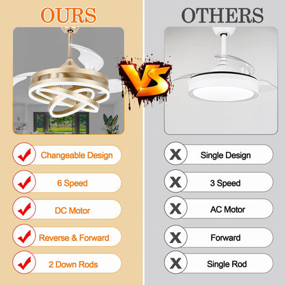 Ventilateur de plafond rétractable Cusp Barn 42 avec lumières et télécommande DIY Forme Fandelier Moderne Silencieux Moteur CC Plafonnier LED
