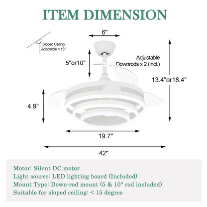 Ventilateur de plafond rétractable Cusp Barn 42 avec lumières et télécommande DIY Forme Fandelier Moderne Silencieux Moteur CC Plafonnier LED
