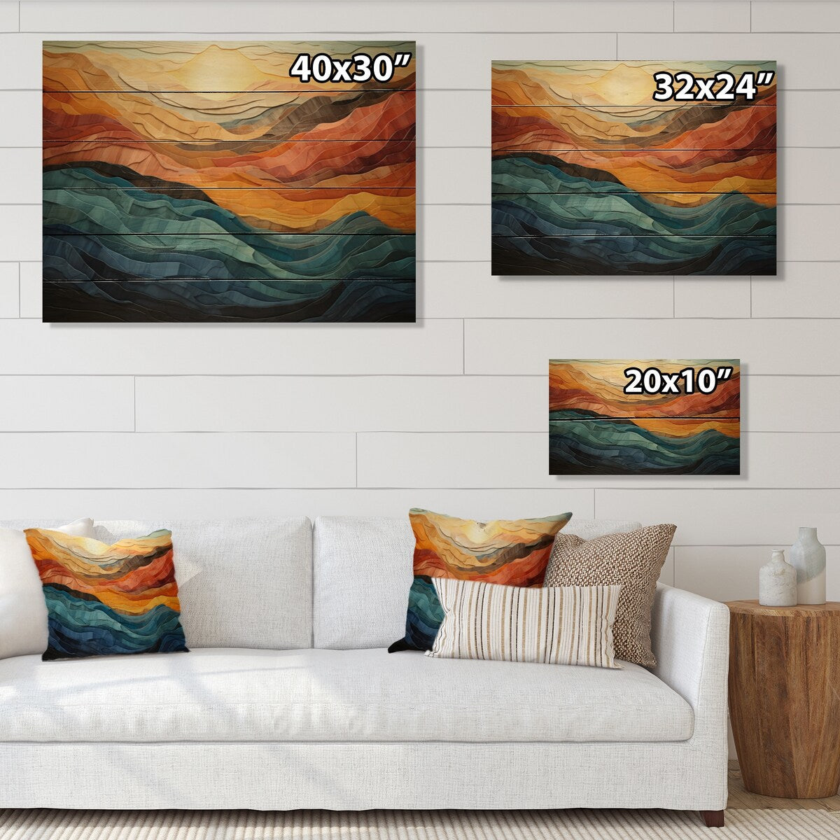 Impression moderne de paysage de montagnes audacieuses corail sarcelle Designart sur bois de pin naturel