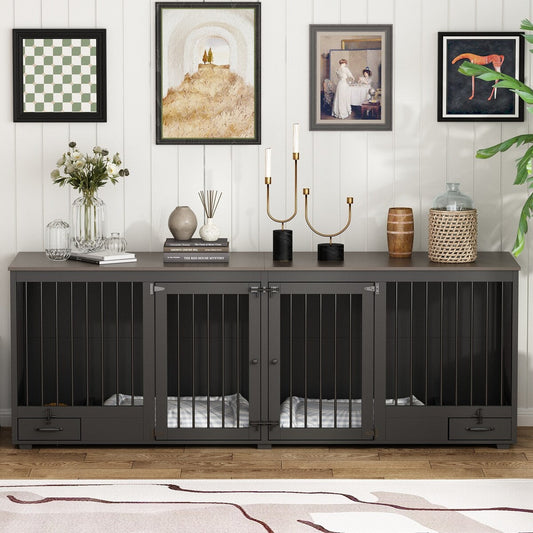 Meubles pour cage à chien - Niche en bois avec séparateur de pièce et 2 tiroirs