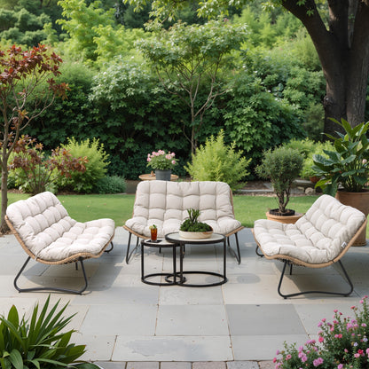 Fauteuil Papasan double avec coussin, rotin PE toutes saisons et cadre en métal pour intérieur et extérieur