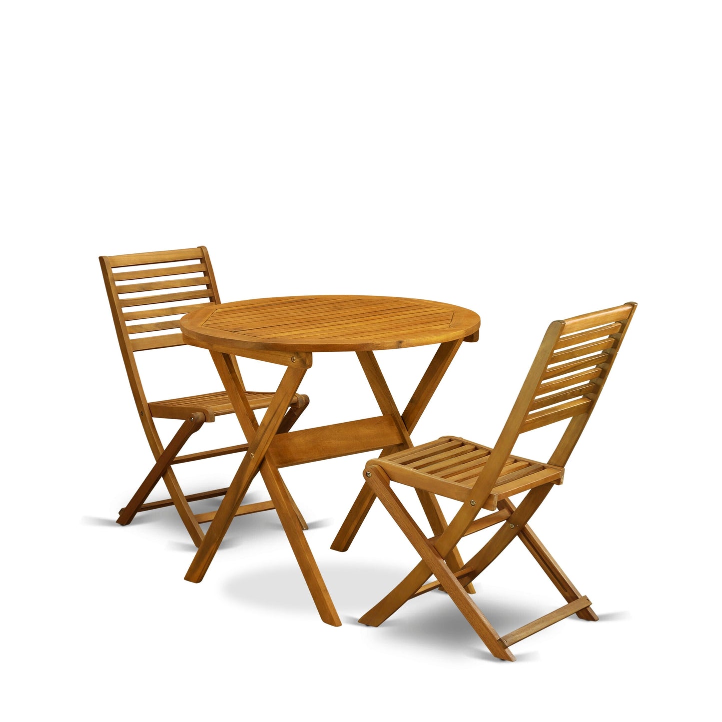 L'ensemble de bistrot d'extérieur East West Furniture comprend une table basse ronde en bois et 2 chaises pliantes, huile naturelle