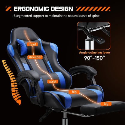 Fauteuil de jeu ergonomique pivotant à 360° en cuir PU avec repose-pieds, appui-tête, support lombaire et hauteur réglable