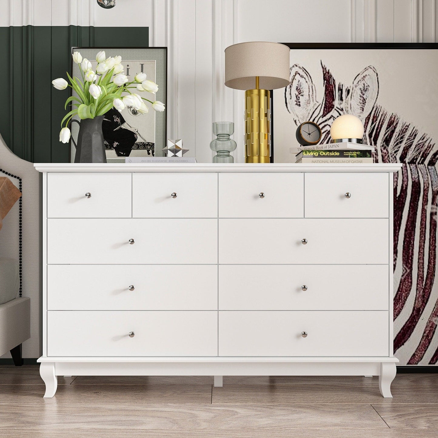 Commode double à 10 tiroirs pour chambre à coucher, commode blanche, grand espace de rangement