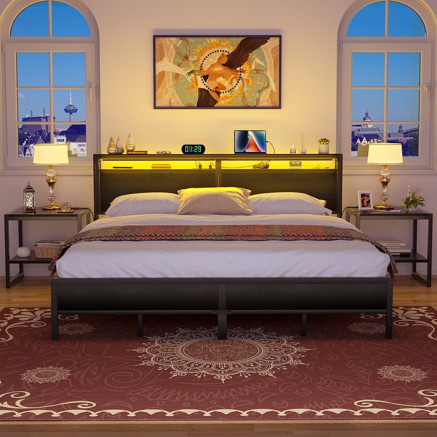 Cadre de lit plateforme en bois de style ferme avec station de charge et lumières LED