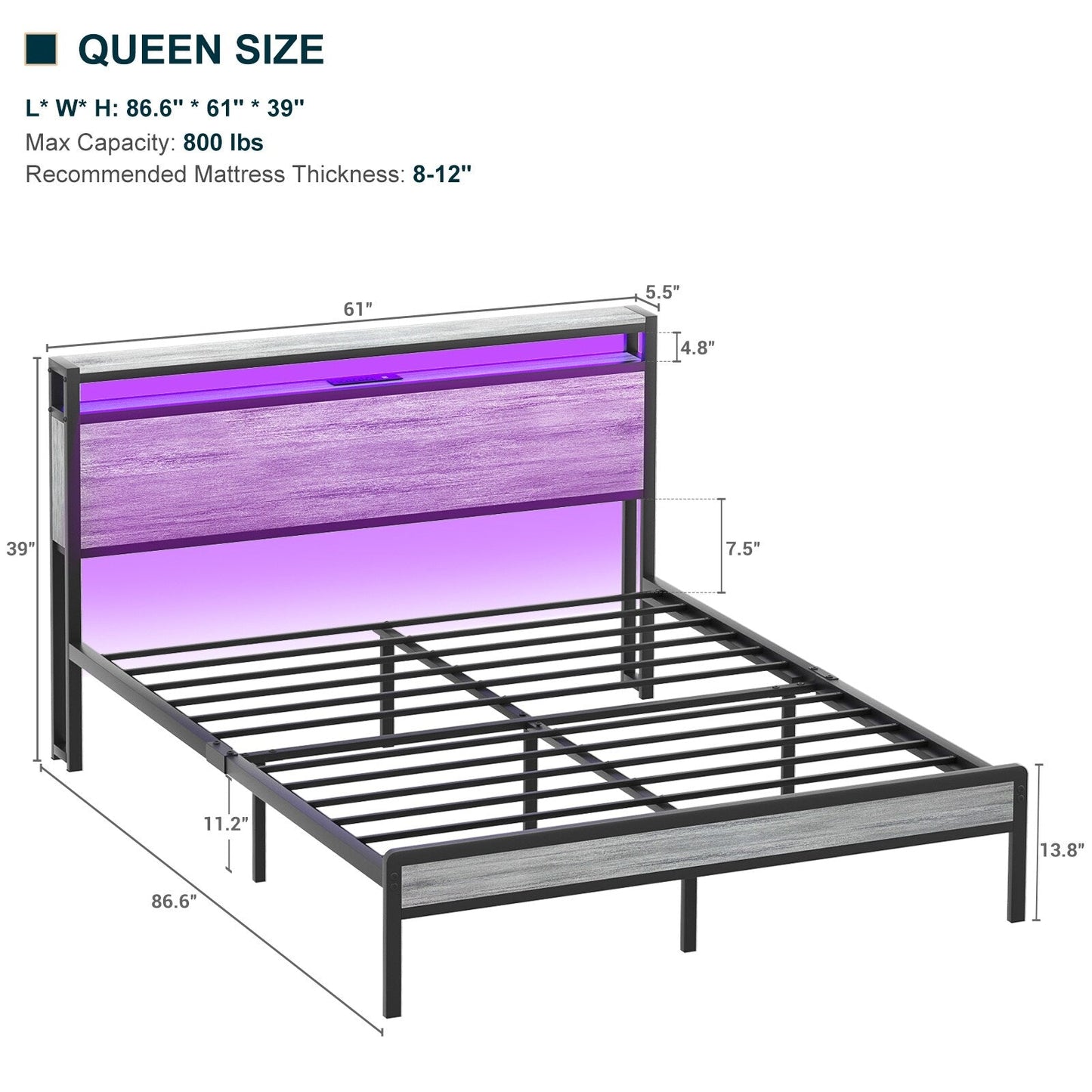 Cadre de lit plateforme en bois de style ferme avec station de charge et lumières LED