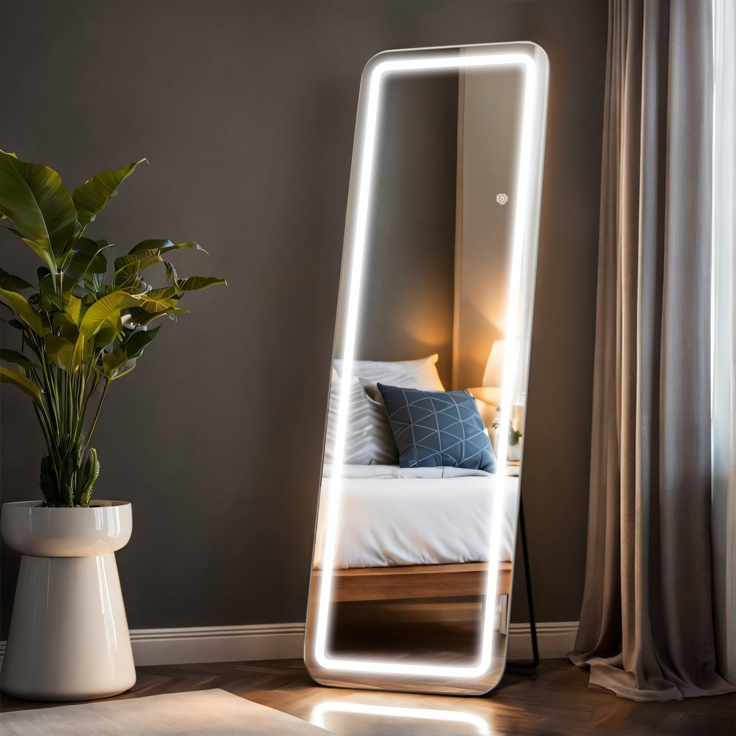 Miroir de sol avec éclairage LED, miroir pleine longueur 64 x 21 avec support, miroir suspendu, miroir mural, miroir intégral