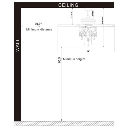 Ventilateur de plafond Garlow noir mat à 5 pales avec lustre en cristal et coupelles en forme de fleurs (télécommande incluse) - 52 pouces de diamètre