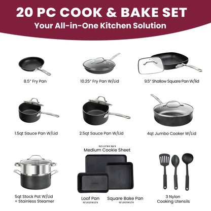 Ensemble de 20 casseroles et poêles antiadhésives Granitestone, ustensiles de cuisine et de pâtisserie