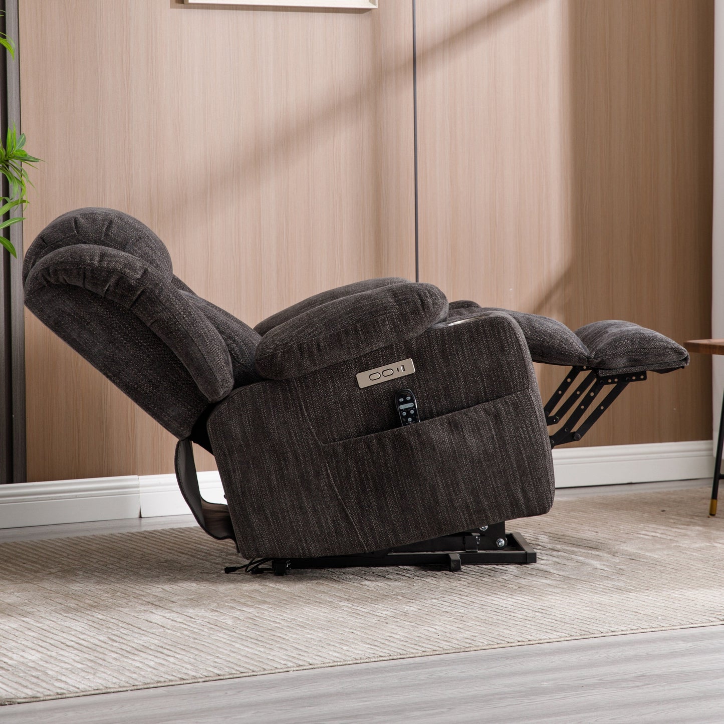 Fauteuil inclinable électrique en chenille grise avec massage, chauffage lombaire, ports USB et Type-C et porte-gobelets en acier inoxydable