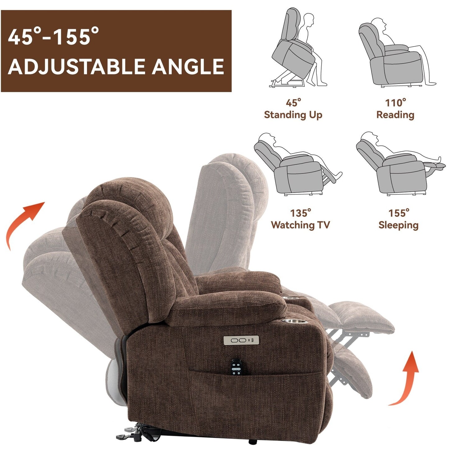 Fauteuil inclinable électrique en chenille grise avec massage, chauffage lombaire, ports USB et Type-C et porte-gobelets en acier inoxydable