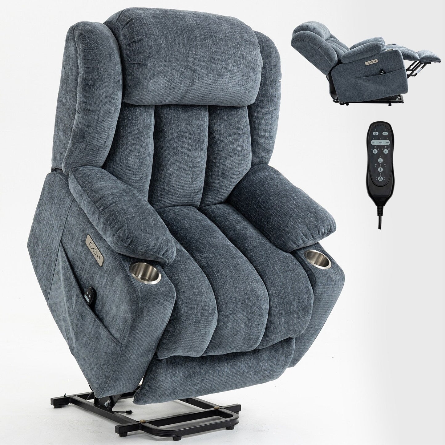 Fauteuil inclinable électrique en chenille grise avec massage, chauffage lombaire, ports USB et Type-C et porte-gobelets en acier inoxydable