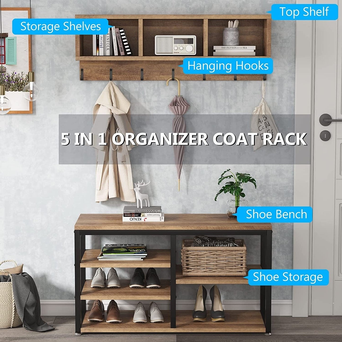 Ensemble de porte-manteaux et de bancs à chaussures pour entrée, porte-manteaux et porte-chaussures de style industriel