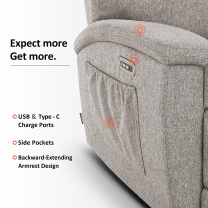 Canapé inclinable électrique MCombo 60.2 avec massage et double chauffage, appui-tête réglable, ports USB et Type-C, tissu