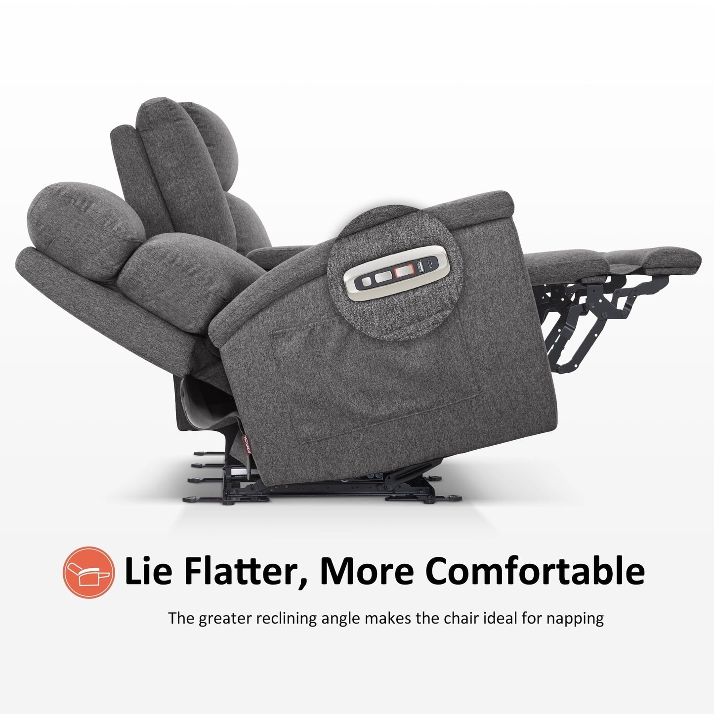 Canapé inclinable électrique MCombo 60.2 avec massage et double chauffage, appui-tête réglable, ports USB et Type-C, tissu
