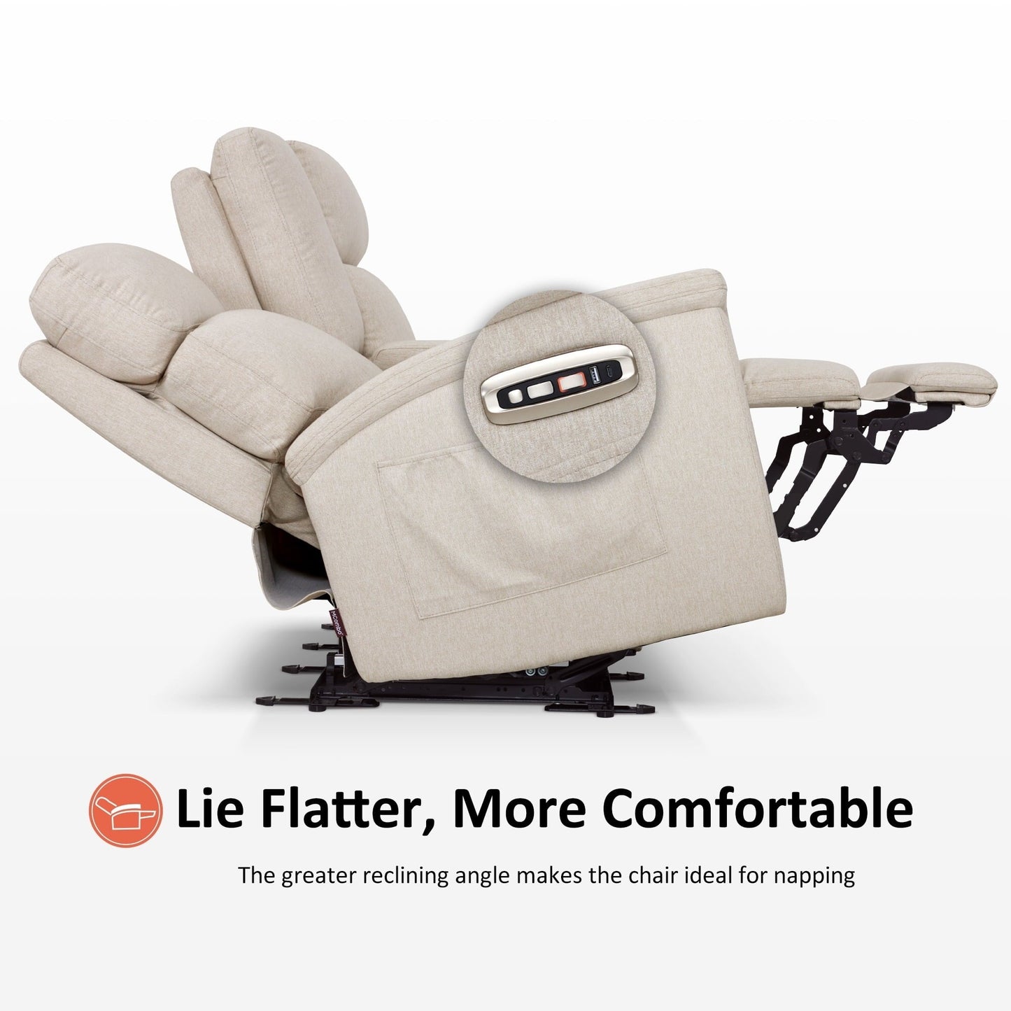 Canapé inclinable électrique MCombo 60.2 avec massage et double chauffage, appui-tête réglable, ports USB et Type-C, tissu