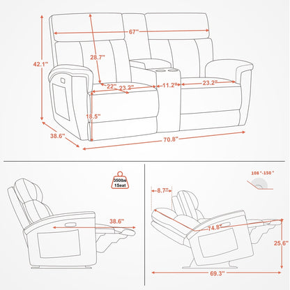 Canapé inclinable électrique MCombo 60.2 avec massage et double chauffage, appui-tête réglable, ports USB et Type-C, tissu