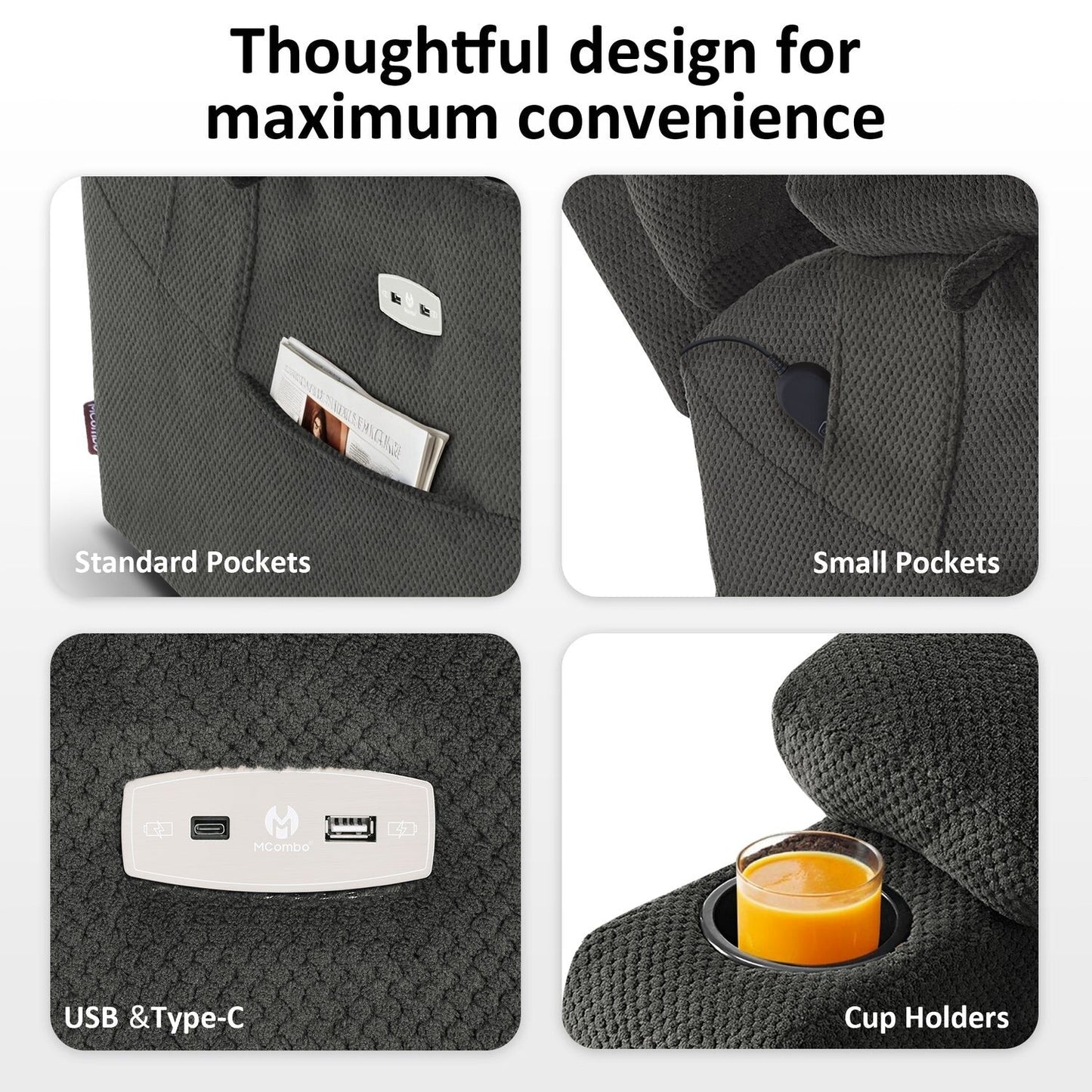 Fauteuil inclinable électrique à double moteur MCombo, grand format, avec massage et double chauffage, pour personnes âgées de grande taille, tissu R7635