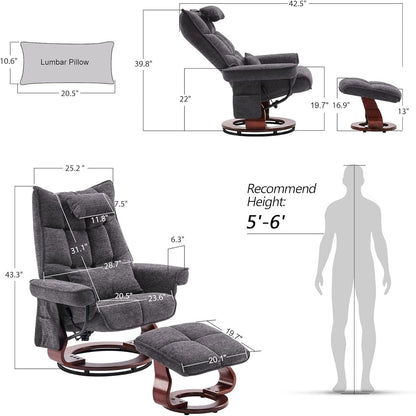 Ensemble de 2 fauteuils inclinables pivotants avec pouf et coussin de nuque, tissu chenille