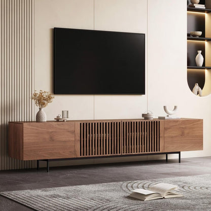 Meuble TV moderne du milieu du siècle avec 4 portes et rangements, compatible avec les téléviseurs jusqu'à 100 pouces, idéal pour le salon