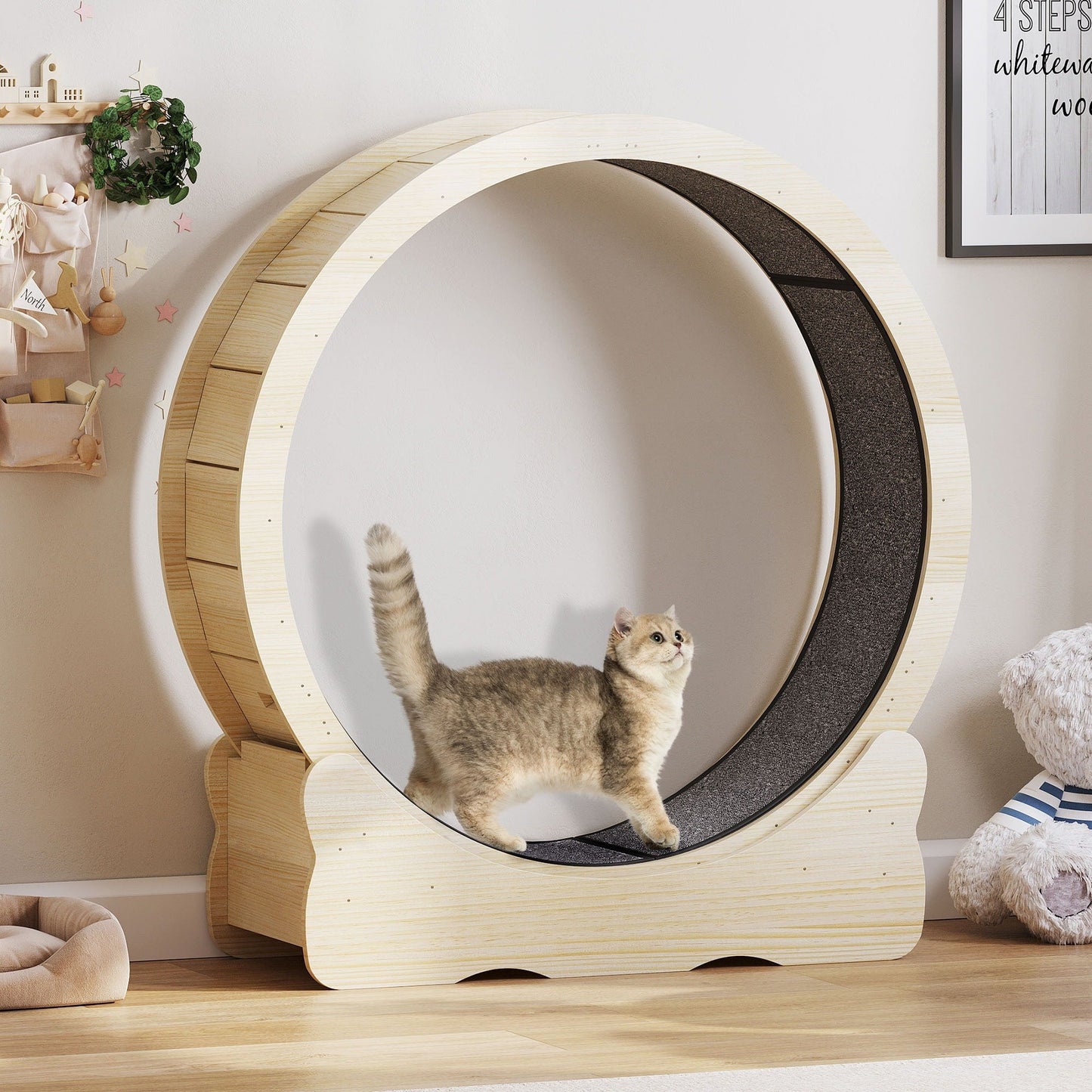 Moasis 43,3 pouces Grand tapis de course en bois pour chat avec roue d'exercice et piste recouverte de moquette