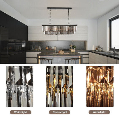 Lustre contemporain en cristal gris fumé et noir de 47 po, design linéaire à deux niveaux, luminaire suspendu pour îlot de cuisine et salle à manger.