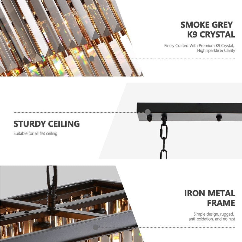 Lustre contemporain en cristal gris fumé et noir de 47 po, design linéaire à deux niveaux, luminaire suspendu pour îlot de cuisine et salle à manger.