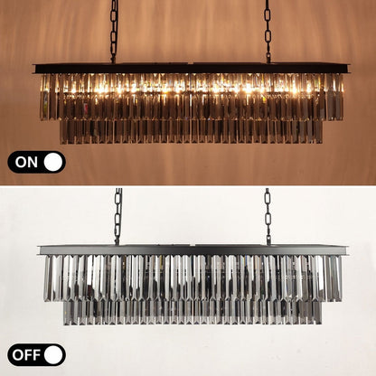 Lustre contemporain en cristal gris fumé et noir de 47 po, design linéaire à deux niveaux, luminaire suspendu pour îlot de cuisine et salle à manger.