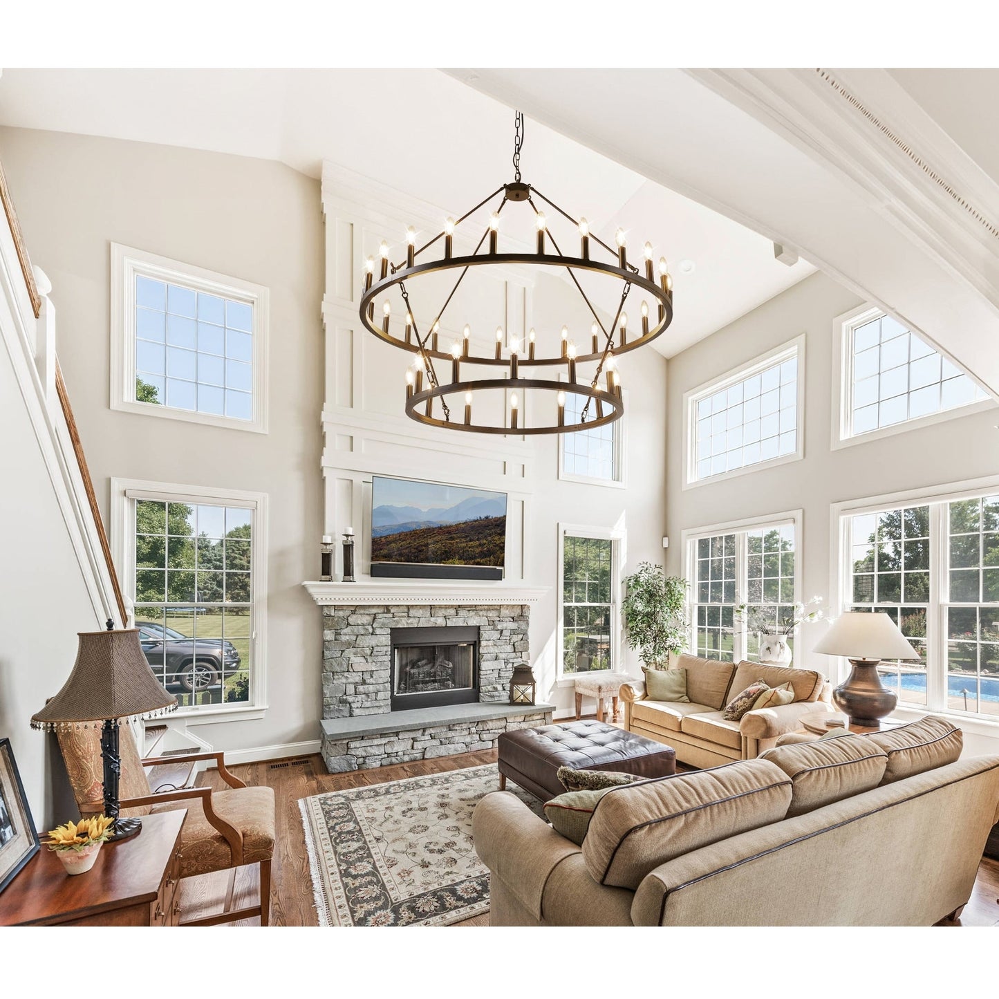 Lustre de ferme moderne à 2 niveaux, lustre rond en forme de roue de chariot, grand plafonnier haut.