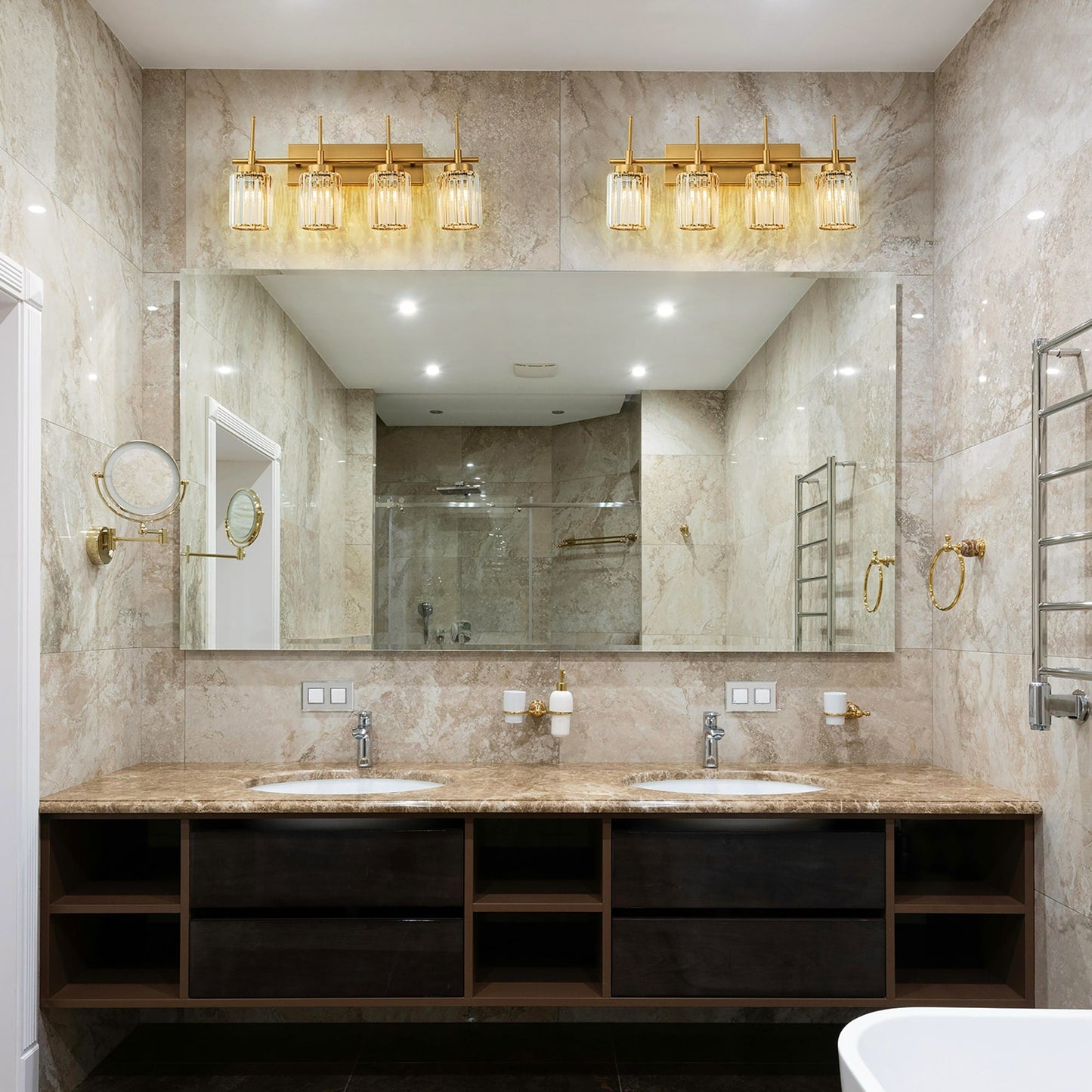 Applique murale moderne dorée à intensité variable, style cylindre glamour pour salle de bain, en cristal, pour meuble-lavabo