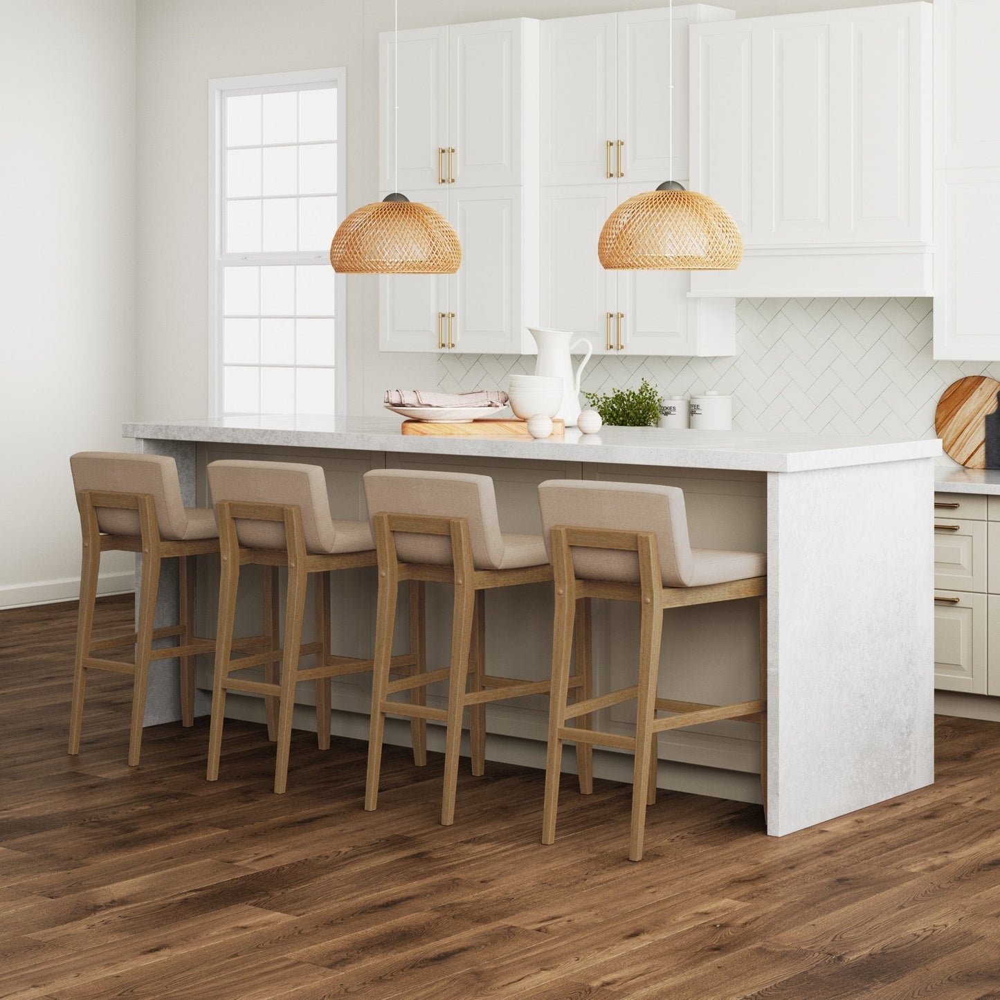 Tabouret de bar moderne Gracie, chaise rembourrée en boucle et pieds en bois brossé