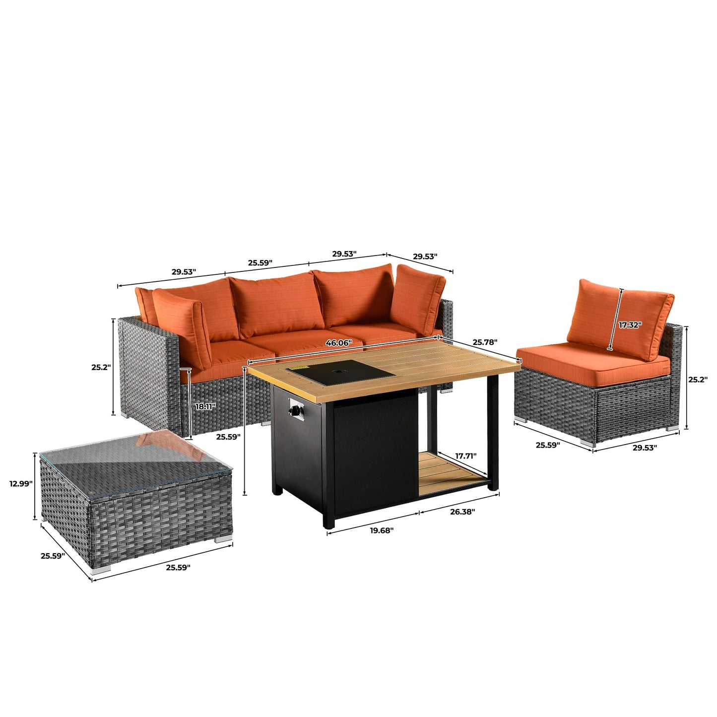 Ensemble de salon sectionnel OVIOS en osier à siège profond, 11 pièces, chaises pivotantes, foyer