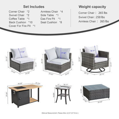 Ensemble de salon sectionnel OVIOS en osier à siège profond, 11 pièces, chaises pivotantes, foyer