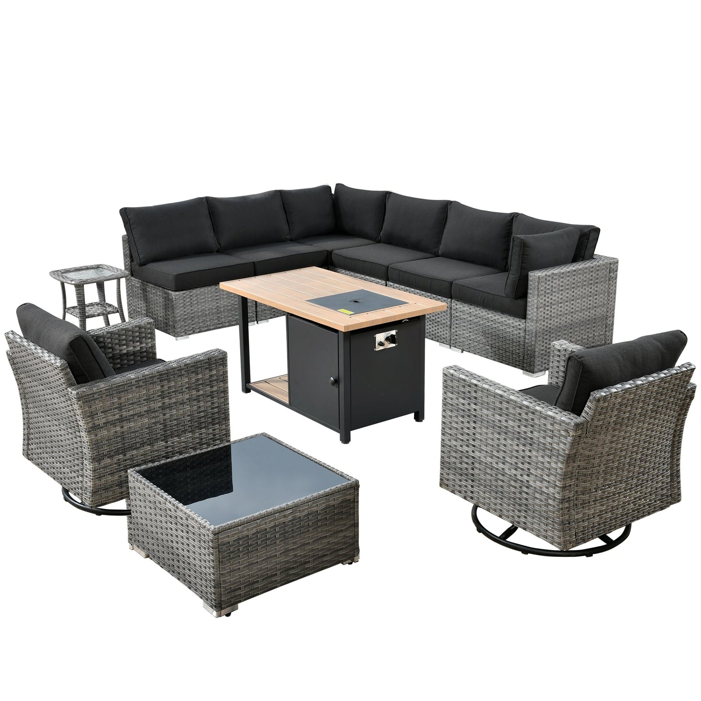 Ensemble de salon sectionnel OVIOS en osier à siège profond, 11 pièces, chaises pivotantes, foyer