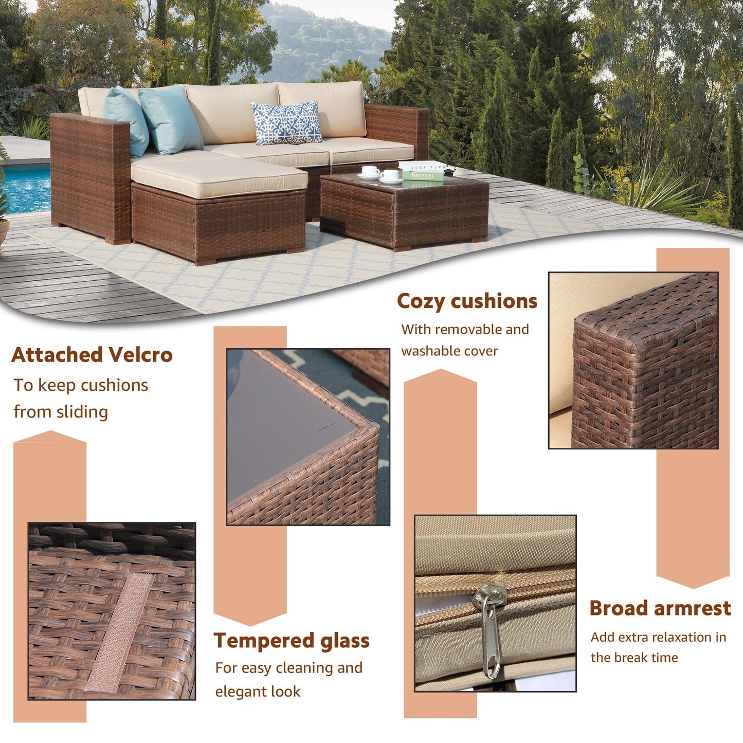 Ensemble de canapés d'extérieur sectionnels en osier 5 pièces avec coussins