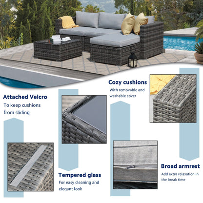 Ensemble de canapés d'extérieur sectionnels en osier 5 pièces avec coussins