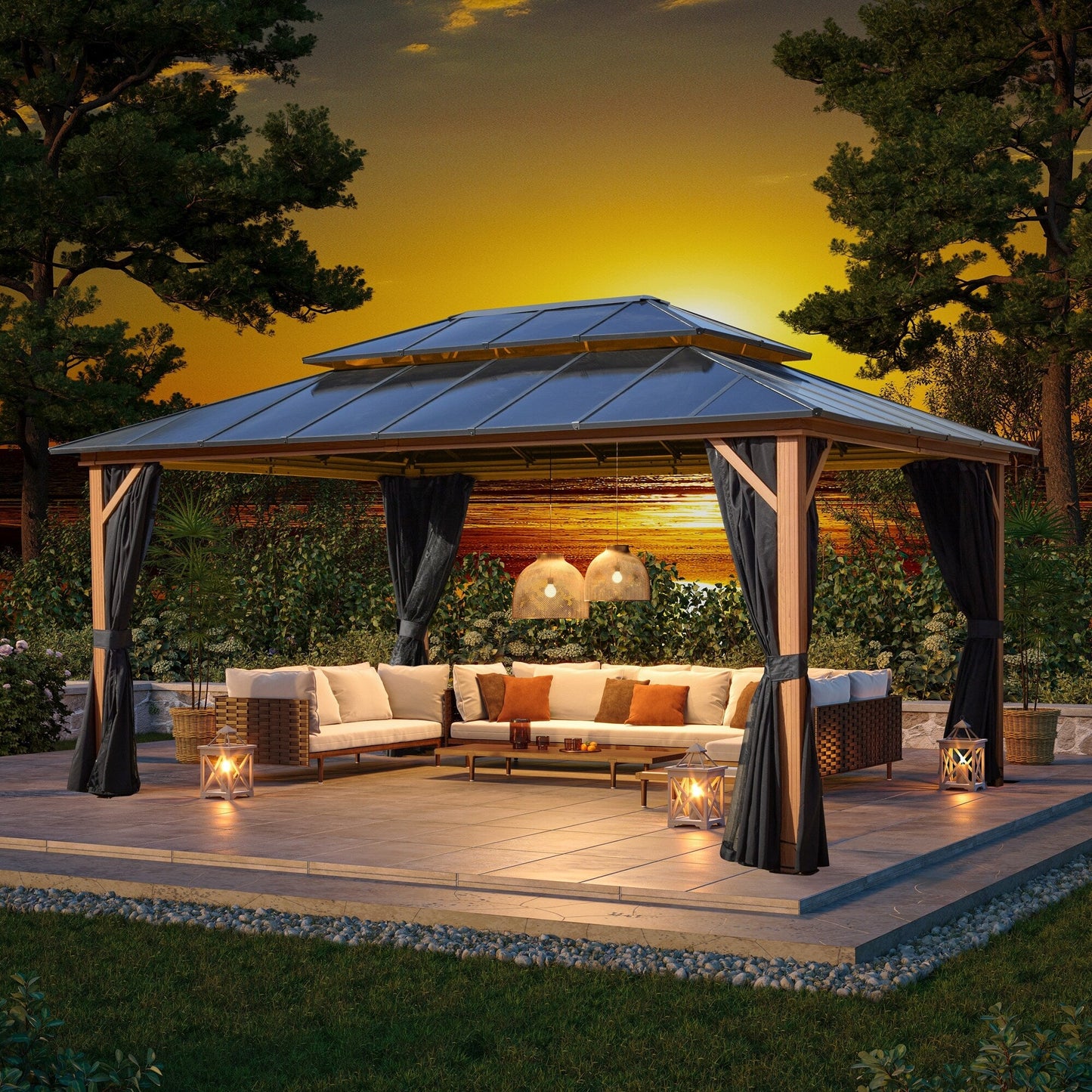 Gazebo à toit rigide EROMMY, pergola d'extérieur avec double toit, filet et rideaux, auvent robuste pour patio, arrière-cour, fête au bord de la piscine