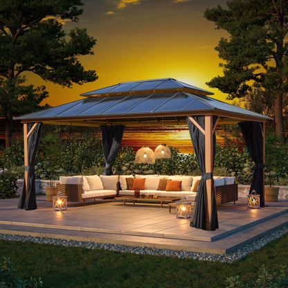 Gazebo à toit rigide EROMMY, pergola d'extérieur avec double toit, filet et rideaux, auvent robuste pour patio, arrière-cour, fête au bord de la piscine