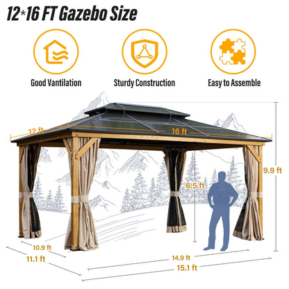 Gazebo à toit rigide EROMMY, pergola d'extérieur avec double toit, filet et rideaux, auvent robuste pour patio, arrière-cour, fête au bord de la piscine