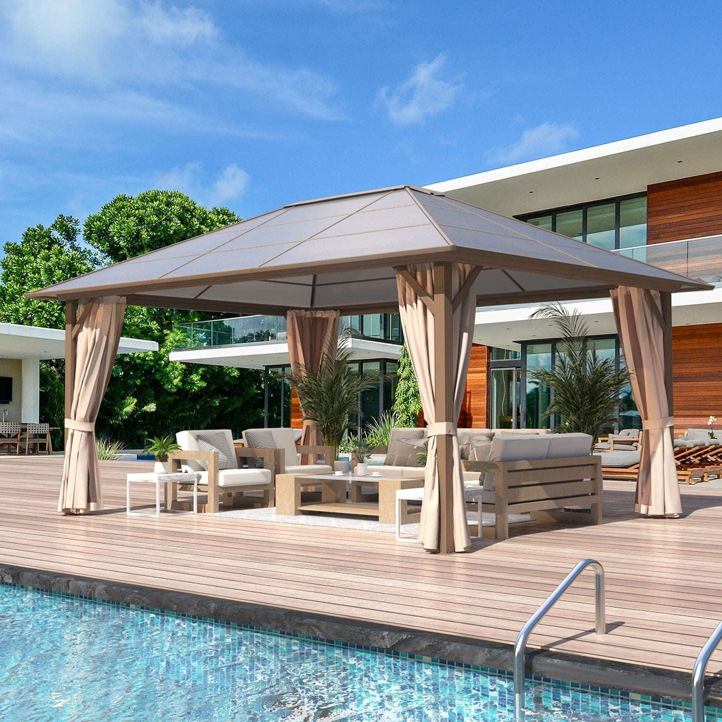 Gazebo à toit rigide EROMMY, pergola d'extérieur avec double toit, filet et rideaux, auvent robuste pour patio, arrière-cour, fête au bord de la piscine