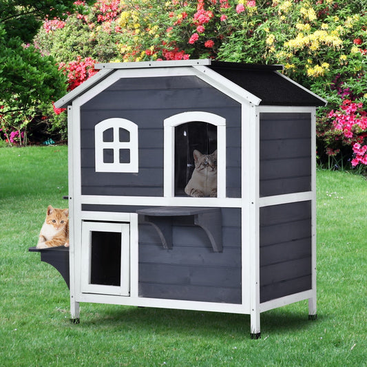 Maison pour chat d'extérieur PawHut en bois de sapin à deux étages, abri pour chats sauvages en bois avec toit en asphalte ouvrable pour intérieur/extérieur, blanc/gris