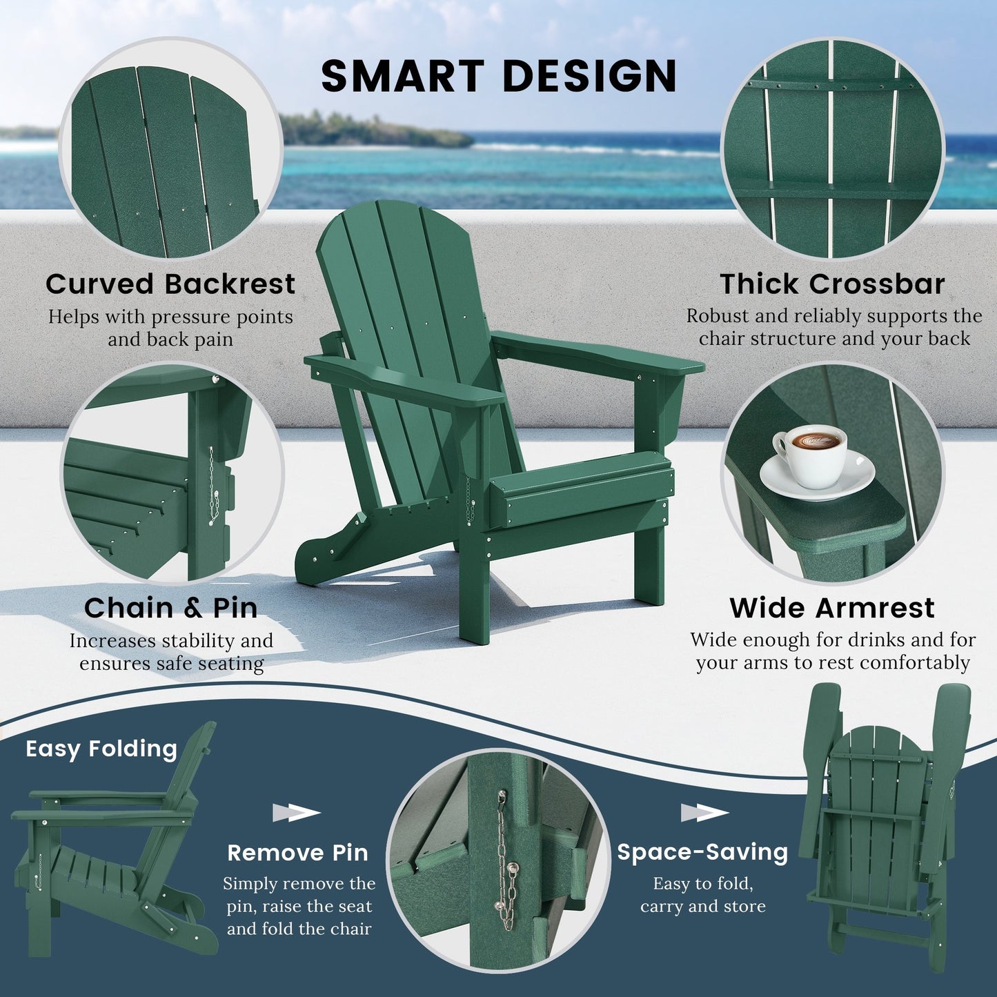 Chaise pliante Adirondack Polytrends Laguna résistante à la décoloration et aux intempéries pour patio extérieur