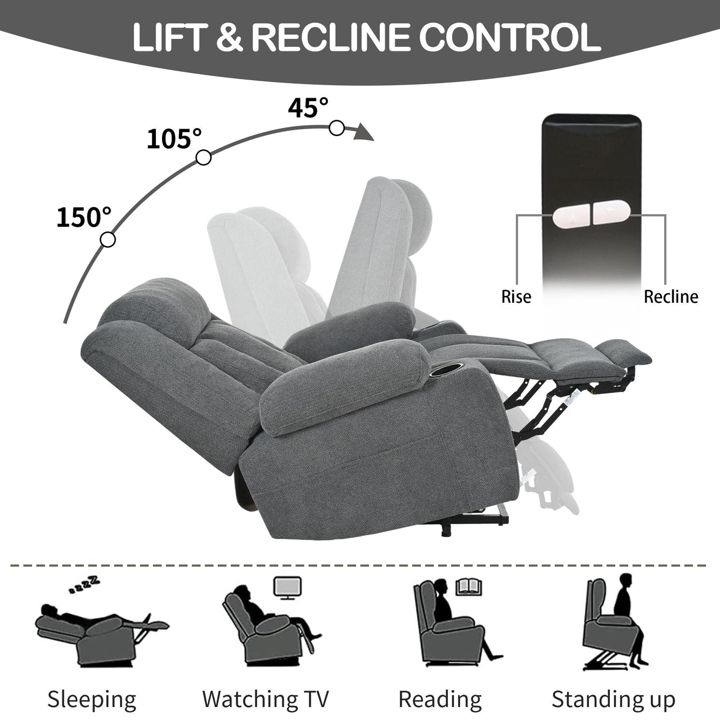 Fauteuil releveur électrique pour personnes âgées, en tissu, avec repose-pieds allongé, 2 porte-gobelets, poches latérales et télécommande.