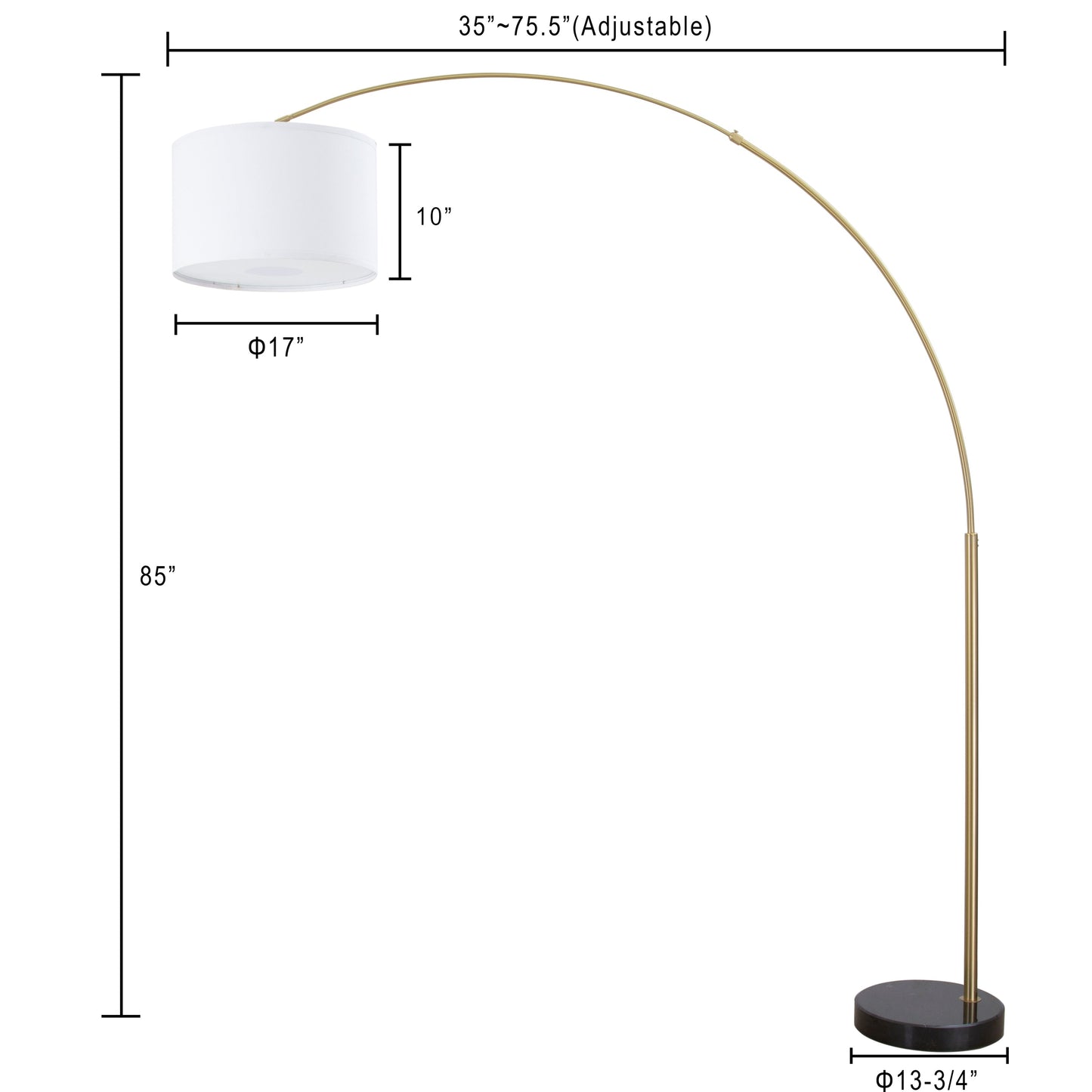 Lampadaire arqué réglable en acier Q-Max 81 avec abat-jour extra large et base en marbre