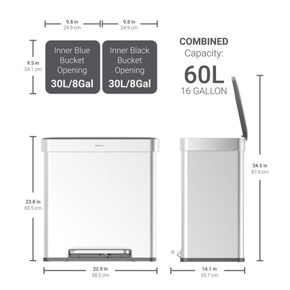 Poubelle de recyclage rectangulaire Qualiazero 16 gal (unité double 8 gal) – Acier inoxydable